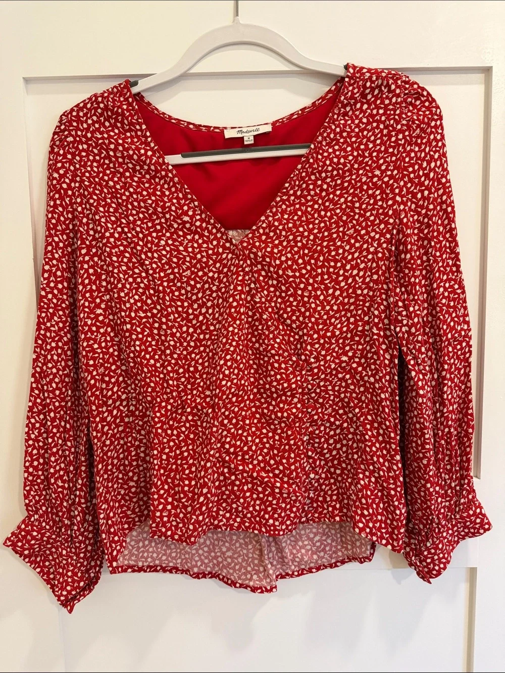 Madewell Red Floral Print Faux Wrap Button Front Blouse Balloon Sleeve Size M